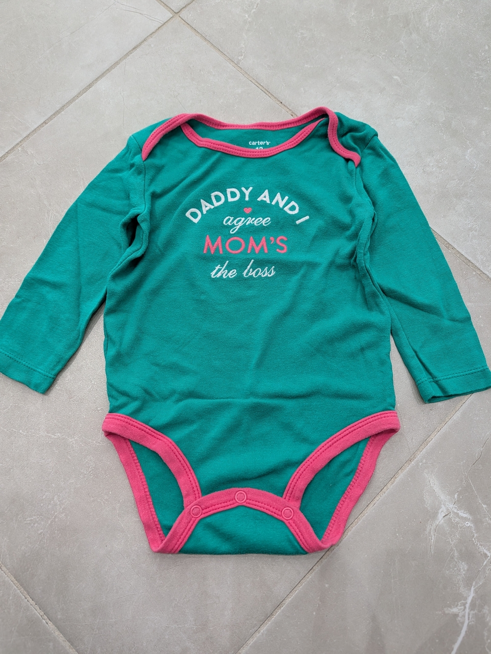 5/$20 Carter’s Teal “Mom’s the Boss” Bodysuit Onesie – 12M